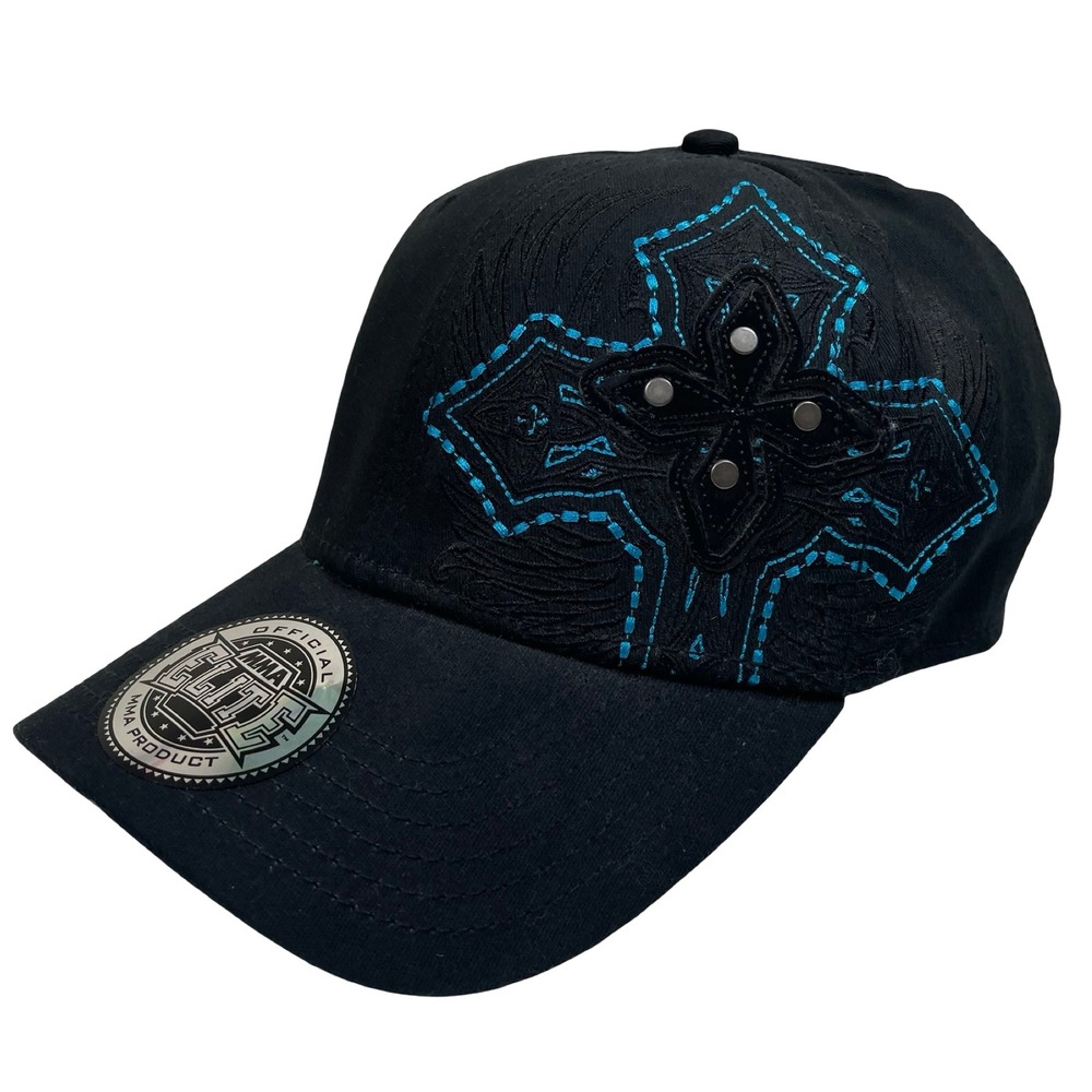 Vintage MMA Elite Hat Cross Embroidered Men OSFM Black Teal Studded Cap Y2K Goth